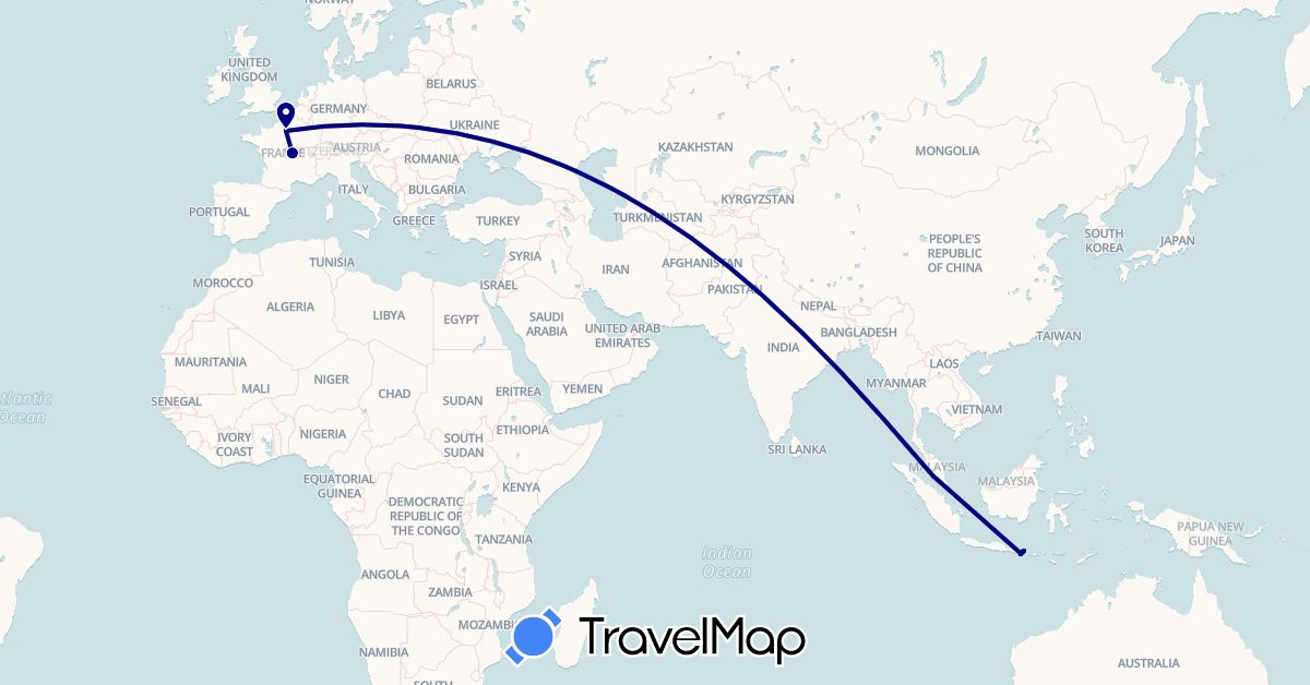 TravelMap itinerary: driving, bus, plane, boat in France, Indonesia, Malaysia (Asia, Europe)